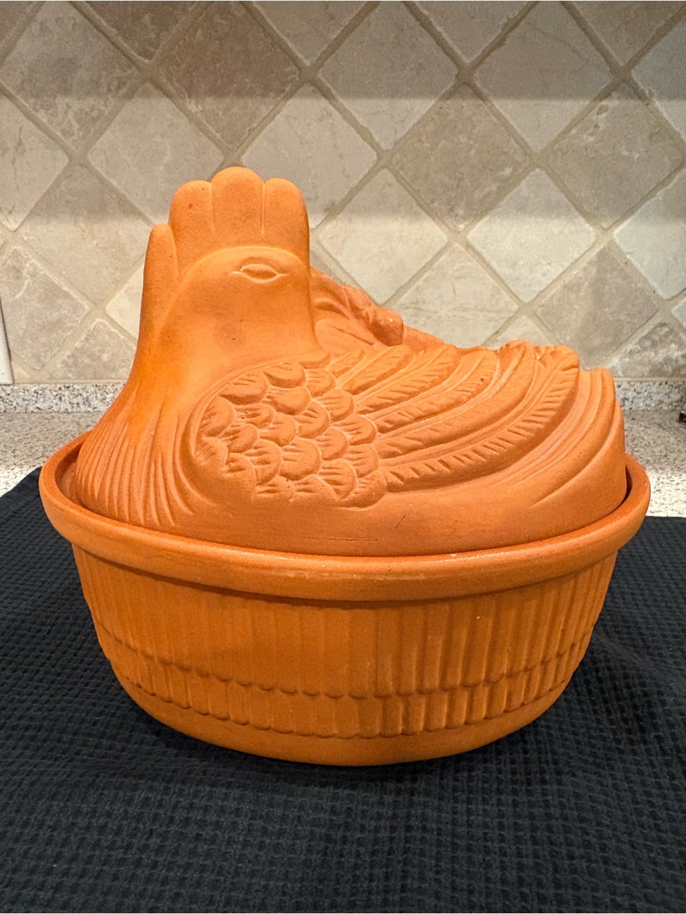 Vintage terra cotta clay chicken / Hen baker and casserole tureen